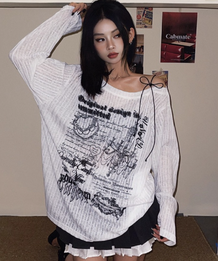 2026 달콤한 차가운 바람 블라우스 긴팔 티셔츠 여성 봄 새로운 루즈핏 자외선 차단 오프숄더 맨위