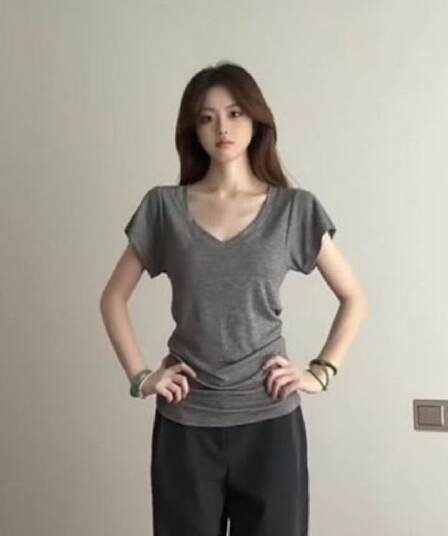 2026 회색 V넥 한 부서 레트로 순수한 욕망 바람 작은 날다 소매 맨위 트렌디