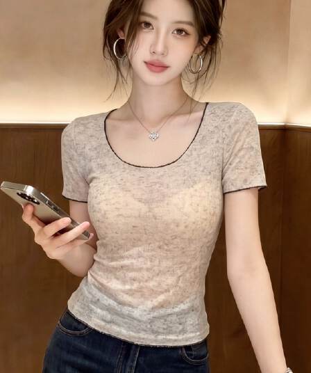 2026 눈꽃 마 배색 얇은 스타일 긍정적 인 어깨 u 칼라 반팔 티셔츠 여름 순수한 욕망 몸매 가꾸기 풀오버 기본 셔츠 맨위