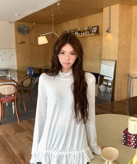 2026 한 부서 착용 가져 가라. 프릴 레이스업 디자인 밑단 스택 착용 레트로 가을 여성 도트 무늬 기본 셔츠