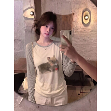 批发2026韩式休闲风萌兔印花拼色T恤女早秋季减龄百搭显瘦长袖上衣
