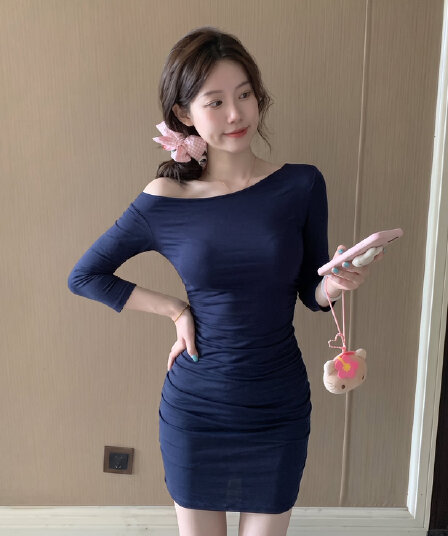 2026 빛 요리 한 바람 해군 비스듬한 어깨 7부 소매 여성 드레스 가을 섹시함 허리 수축 타이트 스커트 미니 스커트