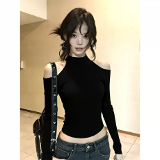 批发2026美式辣妹黑色两穿露肩针织衫女内搭打底衫修身上衣