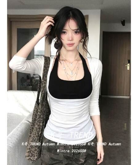 2026u 칼라 마이크로 ~을 통해 중간 소매 티셔츠 여성 여름 스택 착용 행침 목 캐미솔 맨위 투피스 세트