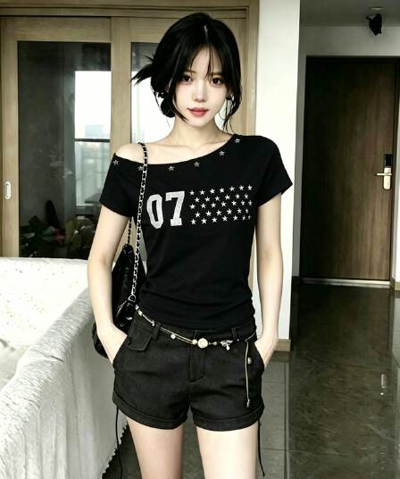 2026 한 부서 비스듬한 오프숄더 별 프린트 반팔 티셔츠 여성 여름 몸매 가꾸기 핫걸 버드 나무 못 박았다 의류