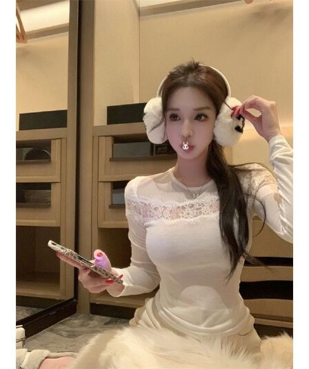 2026 사람들 면 순수한 욕망 핫걸 바람 마이크로 ~을 통해 홀로우 아웃 레이스 조각 기본 셔츠 여성 가을 몸매 가꾸기 긴팔 맨위