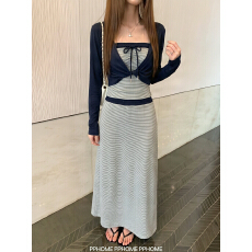批发条纹抽绳抹胸开衫女秋季韩系轻奢穿搭套装直筒休闲<b class='q'>长款</b>半裙三件套