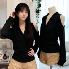 批发2026韩系气质V领露肩长袖T恤女<b class='q'>秋</b>季新款时尚别致绝美上衣女