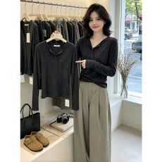 批发2026<b class='q'>秋</b>冬韩系半开领纽扣长袖T恤女早<b class='q'>秋</b>灰打底衫上衣