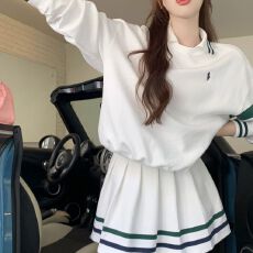 批发2026裙子，含安全裤 条纹运动polo领卫衣女早<b class='q'>秋</b>美式复古长袖白色