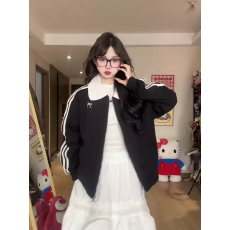 批发纯棉华棉复合韩系运动条纹polo领黑色卫衣外套女宽松慵懒拉链开衫