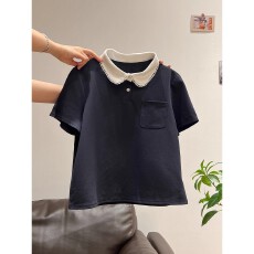 批发大码胖mm美式藏蓝色翻领撞色拼接假两件短袖T恤女夏学院宽松上衣