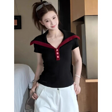 批发大码微胖mm韩系撞色海军领针织短袖T恤女<b class='q'>夏</b>季设计感修身显瘦上衣