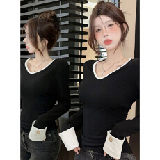 批发大码胖mm撞色V领露锁骨衬衫袖<b class='q'>t</b><b class='q'>恤</b>女修身秋季性感纯欲风短款上衣