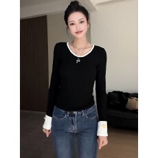 批发大码胖mm撞色V领露锁骨<b class='q'>衬衫</b>袖<b class='q'>t</b><b class='q'>恤</b>女修身秋季性感纯欲风短款上衣