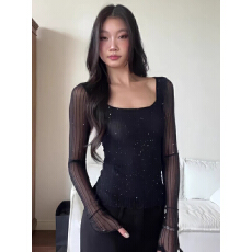 批发大码<b class='q'>胖</b><b class='q'>MM</b><b class='q'>黑色</b>方领长袖T恤女2025秋冬打底衫亮片透感弹力网纱上衣