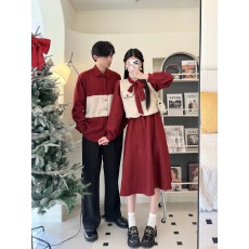 批发实拍杏色格纹订婚小香风马甲红色a字裙显瘦两件套连衣裙情侣装