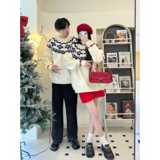 批发实拍费尔岛复古圣诞过年红毛衣女加厚温柔风男上衣情侣装