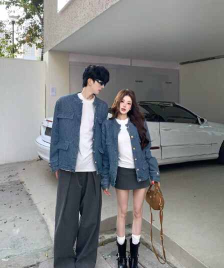 실사 고급 센스 품격 작은 샤넬 스타일 데님 여성 코트 봄 스탠드 칼라 재킷 맨위 커플룩 재킷