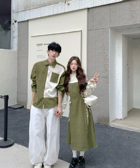 실사 이른 봄 한 부서 착용 가져 가라. 고급 센스 페이크 레이어드 멜빵 허리 수축 드레스 아이들 롱 스커트 커플룩