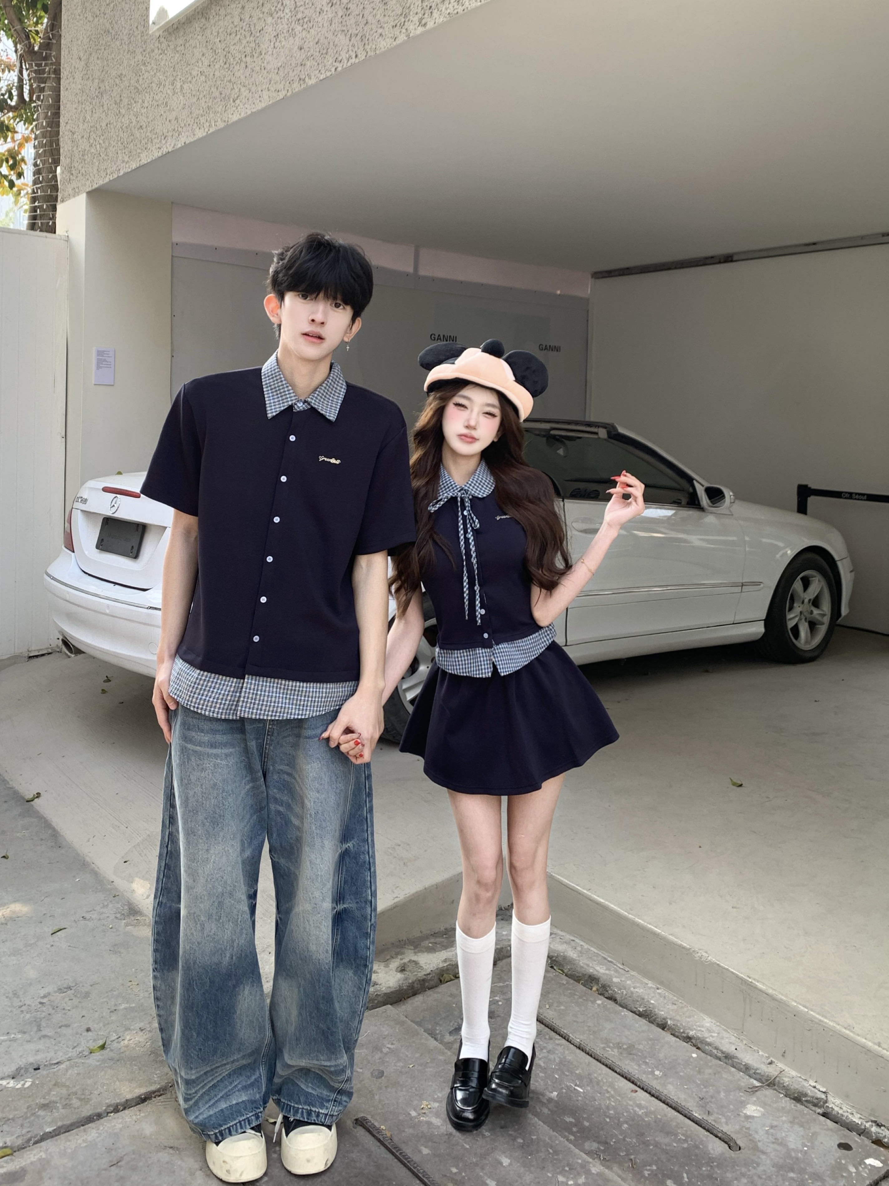 실사 페이크 레이어드 패치워크 폴로 칼라 체크무늬 여성 셔츠 한 부서 학원 스타일 맨위 짧은 치마 세트 커플룩