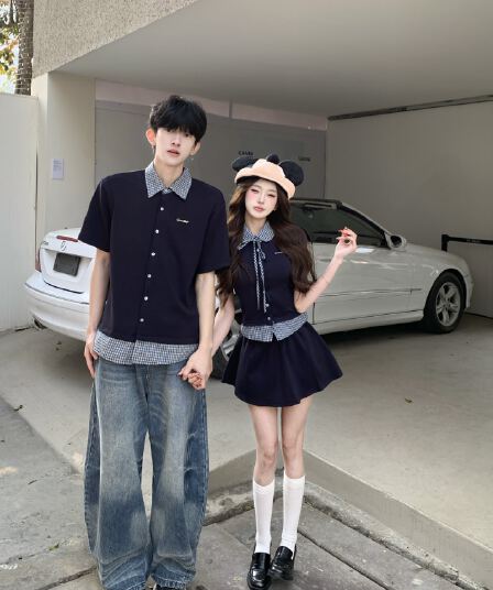 실사 페이크 레이어드 패치워크 폴로 칼라 체크무늬 여성 셔츠 한 부서 학원 스타일 맨위 짧은 치마 세트 커플룩