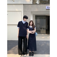 批发实拍法式桔梗学院风假两件短袖连衣裙女夏季收腰显瘦气质情侣装