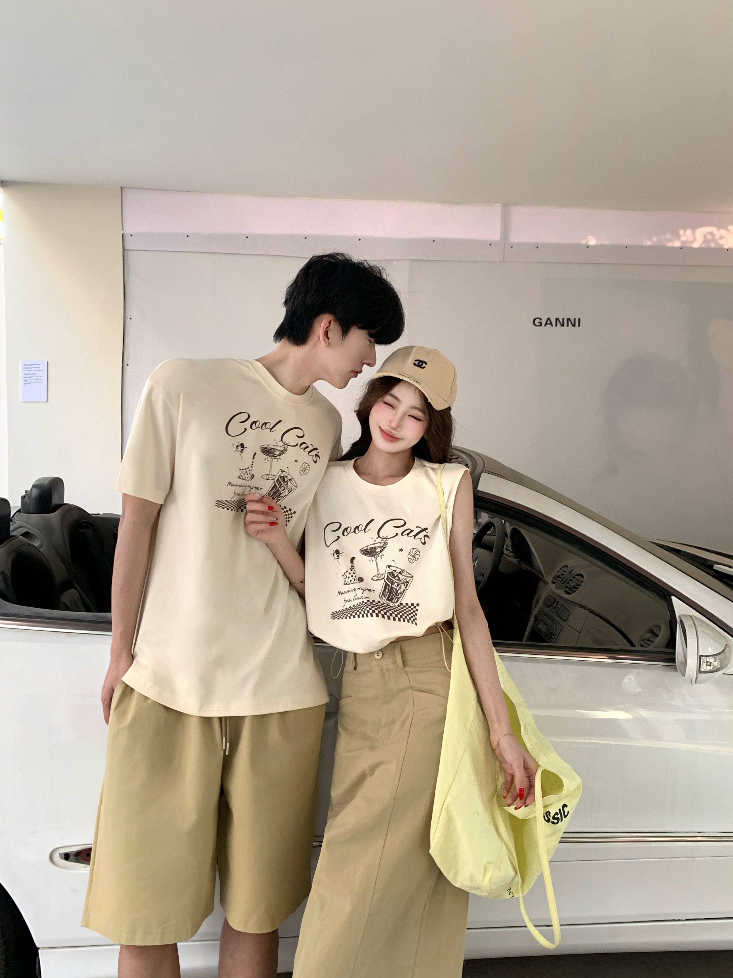 실사 달콤한 핫걸 알파벳 프린트 쇼트 스타일 조끼 여성 디자인 센스 밑단 펌프 로프 커플룩 세트