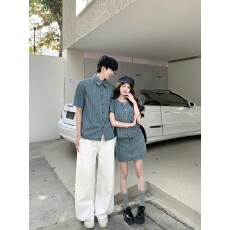 批发实拍复古条纹牛仔套装<b class='q'>短袖</b>刺绣上衣a字半身裙韩系穿搭套装<b class='q'>情侣装</b>