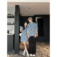 批发实拍国风新中式时尚薄款提花牛仔套装女夏季两件套情侣装