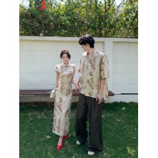 批发实拍新中式红色订婚改良旗袍女短袖连衣裙敬酒服情侣装