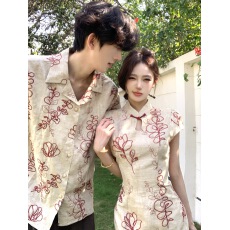 批发实拍新中式红色订婚改良旗袍女短袖连衣裙敬酒服情侣装