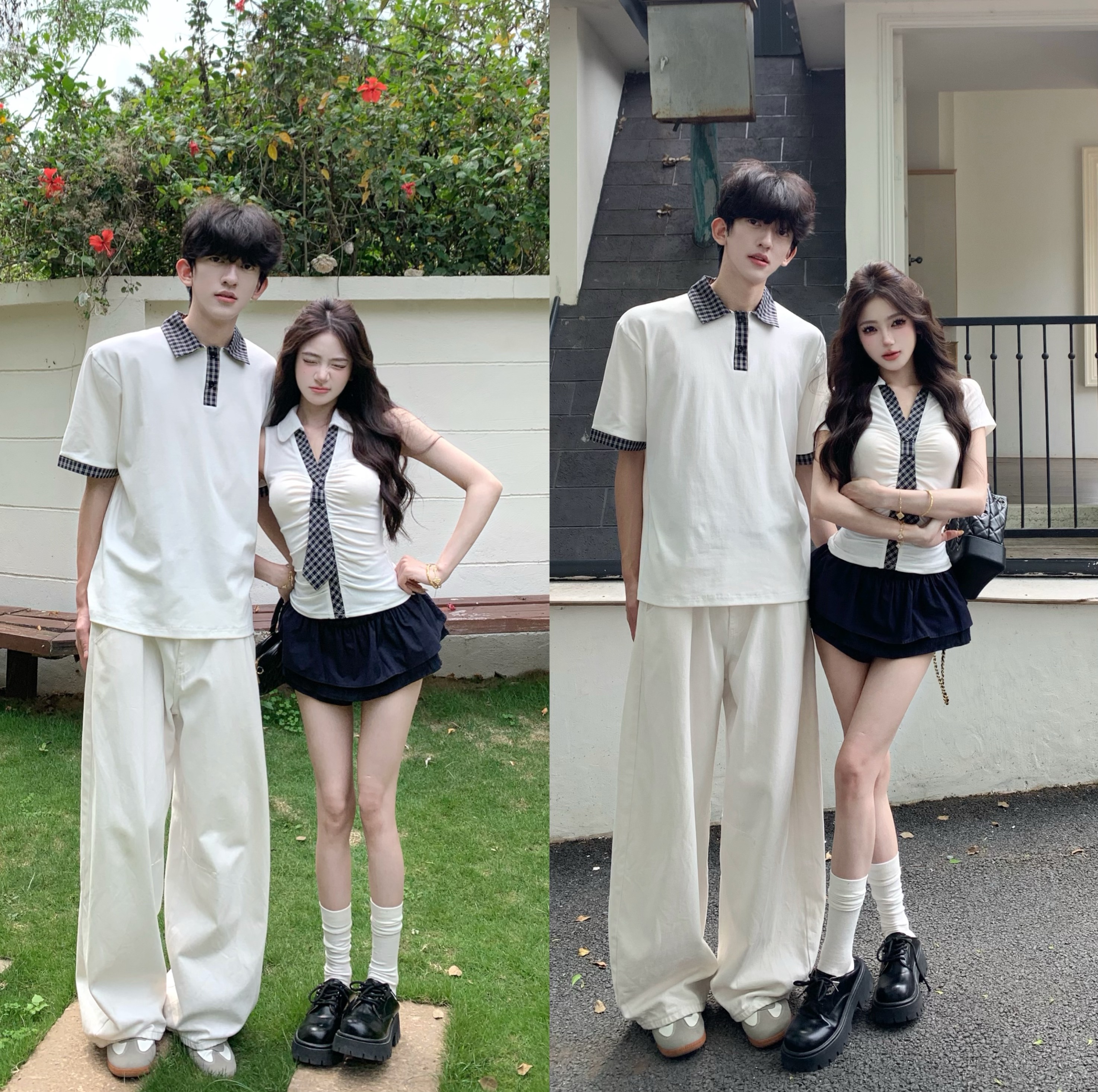 실사 체크무늬 패치워크 넥타이 v 가지고있다 소매 민소매 티셔츠 여성 허리 수축 핫걸 바람 슬림해 보이는 다용도 맨위 커플룩