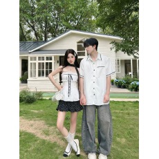 批发<b class='q'>实拍</b>抹胸上衣开衫两件套女学院风黑色波点a字短裙套装情侣装