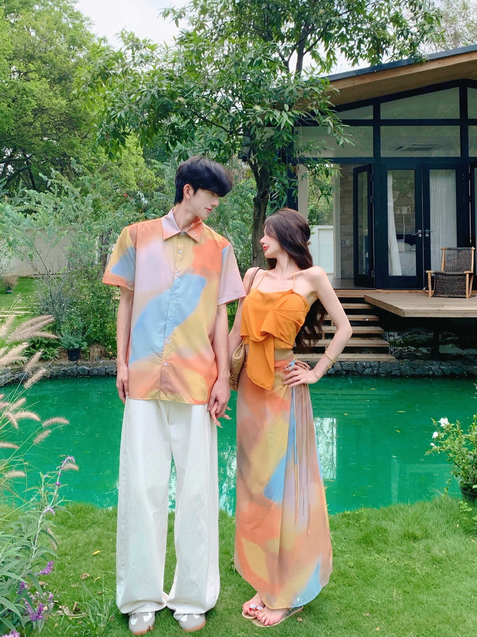 실사 해변가 휴가 여름 도파민 착용 가져 가라. 세트 행침 목 조끼 타이트 스커트 반신 스커트 투피스 세트 커플룩