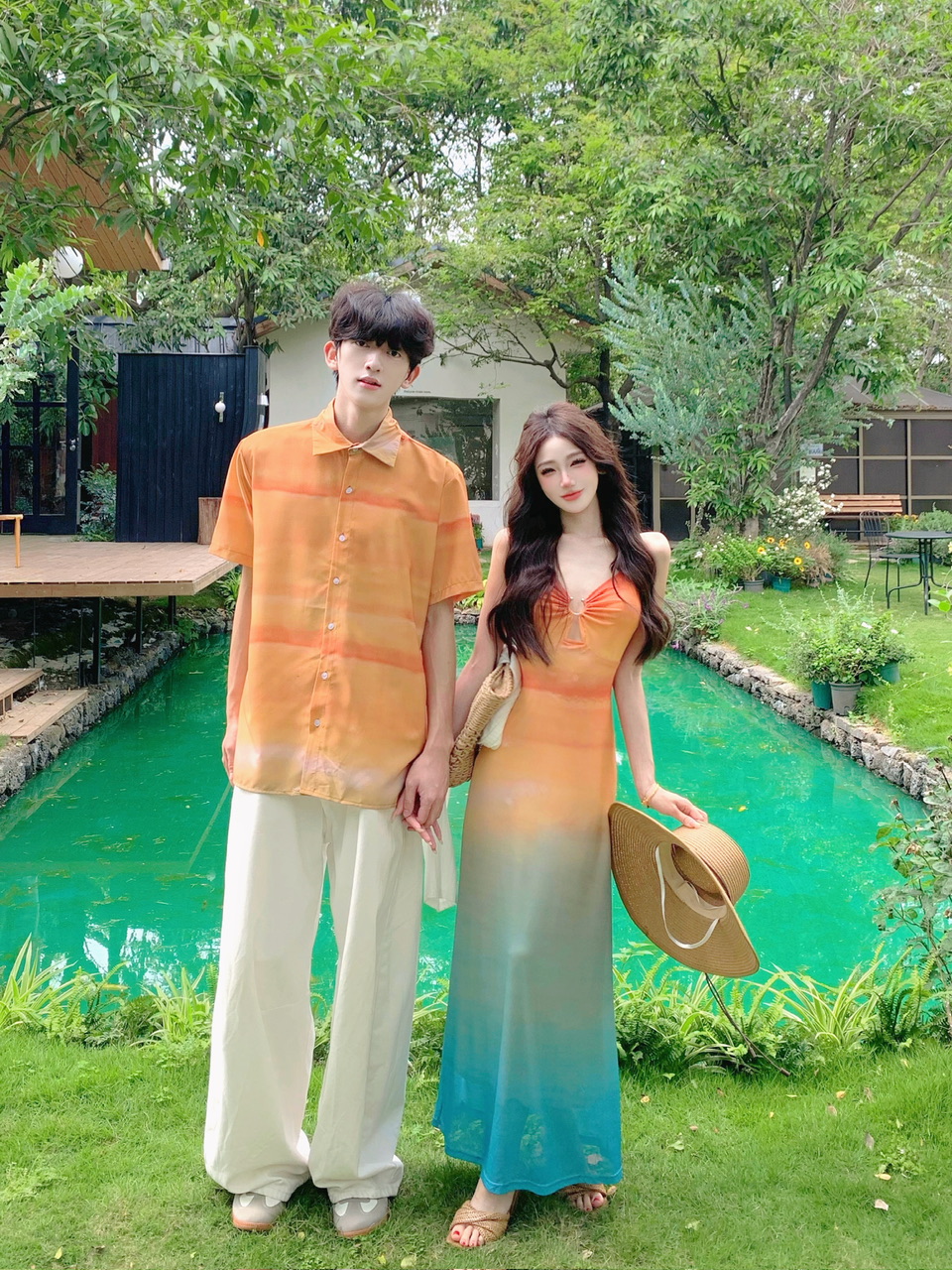 실사 휴가 바람 도파민 아름다운 섬 휴가 그라데이션 색상 일몰 홀치기 염색 망사 슬립 롱 스커트 커플룩