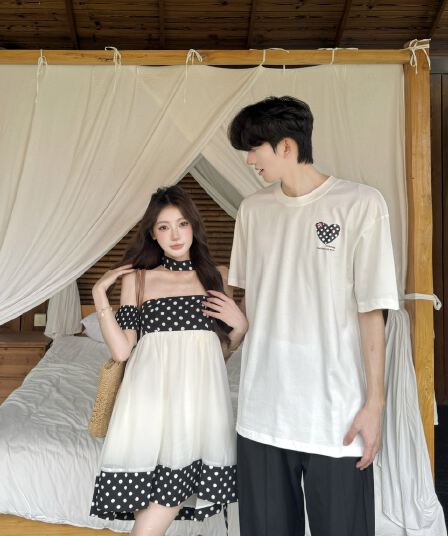 실사 스와 리 작은 그는 벤 프랑스식 레트로 도트 무늬 튜브탑 여성 드레스 봄 여름 순수한 욕망 망사 미니 스커트 커플룩