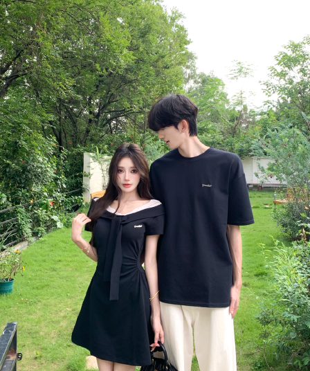 실사 학원 스타일 레이스 오프숄더 여성 드레스 꼬집기 허리 슬림해 보이는 캐주얼 치마 커플룩