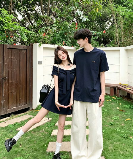 실사 학원 스타일 레이스 오프숄더 블루 색상 여성 드레스 여름 꼬집기 허리 슬림해 보이는 캐주얼 치마 커플룩