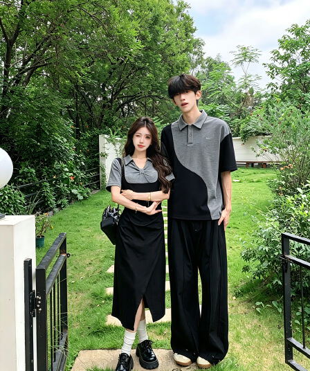 실사 프랑스식 polo 허리 수축 여성 드레스 검정색 페이크 레이어드 멜빵 트임 롱 스커트 커플룩