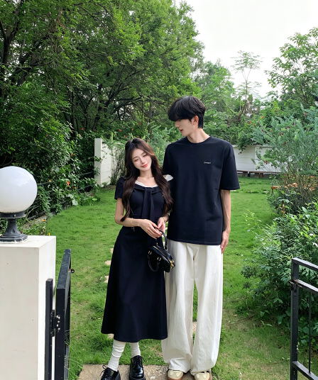 실사 프랑스식 V넥 레이스 레이스업 페이크 레이어드 여성 드레스 여름 롱 스커트 커플룩