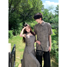 批发实拍新中式不规则抹胸套装女清冷感禅意气质长裙情侣装