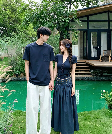 실사 여름 3 차원 꽃 V넥 반팔 맨위 무거운 작업 핫픽스 반신 스커트 레트로 롱 스커트 세트 커플룩