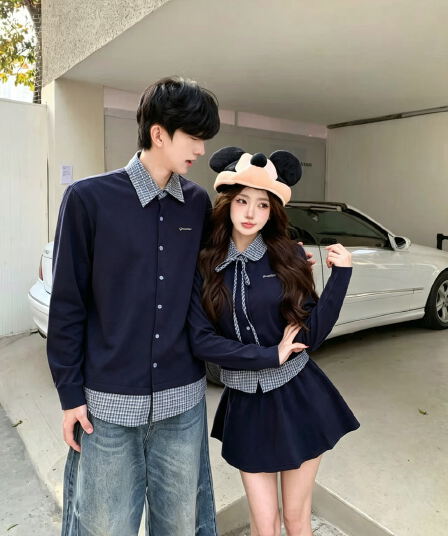 실사 가을 페이크 레이어드 셔츠 칼라 후드티 패치워크 POLO 셔츠 보온 맨위 커플 세트
