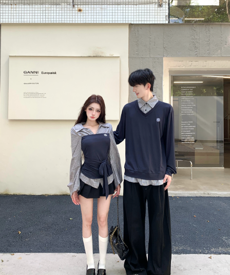실사 이른 가을 ootd 캐주얼 착용 가져 가라. 디자인 센스 패치워크 페이크 레이어드 셔츠 커플룩