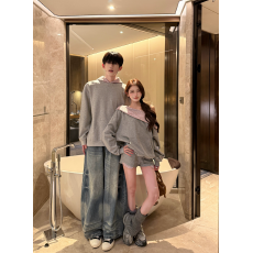 批发实拍套装ins格子拼接连帽卫衣上衣复古慵懒<b class='q'>短裤</b>两件套女情侣装