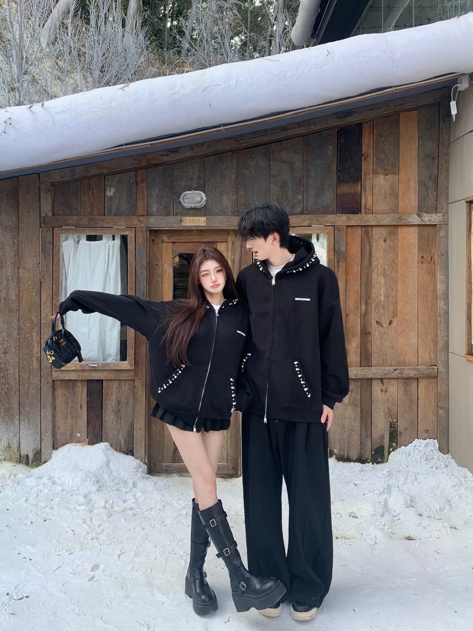 실사 조수 브랜드 커플 아메리칸 불규칙 진주 후드 티 스웨터 루즈핏 두꺼운 보온 재킷 커플룩