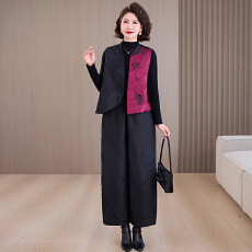 批发实拍 复古提花秋<b class='q'>冬</b>新款马甲背心女士立领改良斜襟盘扣上衣套装