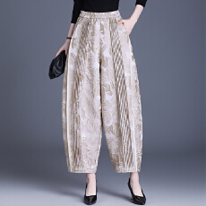 批发实拍 人丝香云纱提花款九分花苞裤女秋冬新款大码松紧腰女士裤子