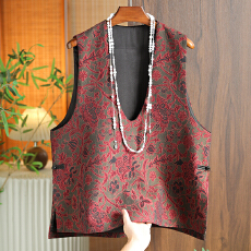 批发高级提花深V外搭马甲女春<b class='q'>秋</b>中式气质无袖外套红色V领坎肩背心马夹